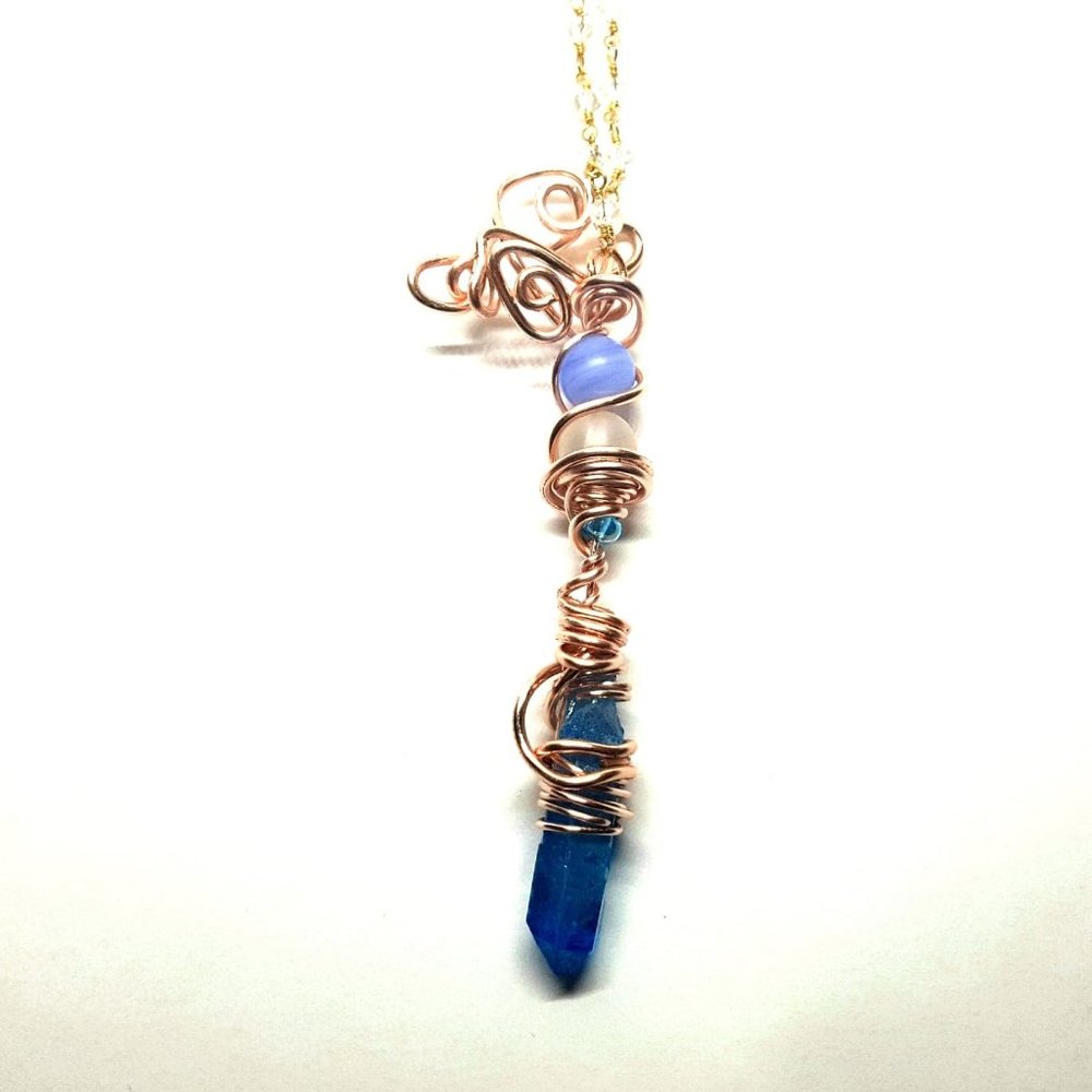 Blue Aura Mystic Lace Crystal Wand Necklace